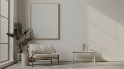 Fototapeta na wymiar Interior modern minimalist modern living room with white mockup frame background. AI generated