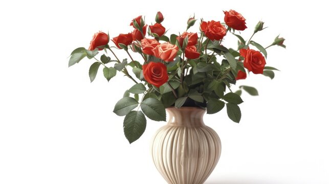 Beautiful fresh red rose flowers with leaves on vase on white background. AI generated image