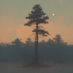 Embrace the serene ambiance of a solitary pine tree standing tall against the backdrop of a misty morning sky. This captivating image evokes a sense of tranquility and timeless beauty.