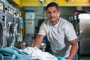 A focused man is sorting laundry in a commercial laundromat, with industrial washing machines in the background