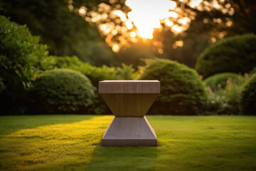 Rectangular platform ingreen field with plants and grass. Empty wooden product podium in garden, warm glow of sunset, surrounded by trees for outdoor natural landscape