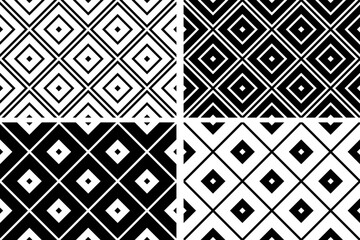 Set of Seamless Geometric Diagonal Checked Black and White Patterns. 