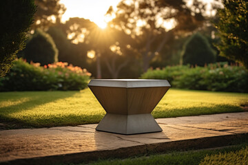 Empty platform in lush green grass, natural landscape. Stone podium in garden, illuminated by fading sunlight, backdrop of floral elements for natural product setting