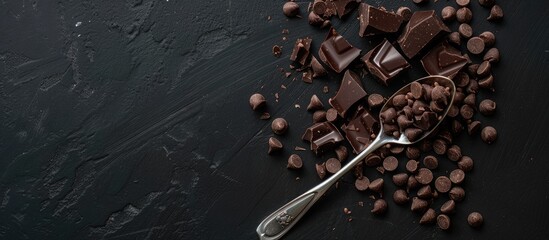 Black pieces of broken chocolate and chocolate chips in a small spoon on a black backdrop. Empty space available.