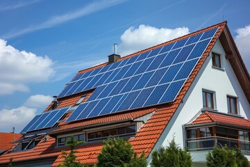 Fototapeta premium Solar-powered home with rooftop solar panels