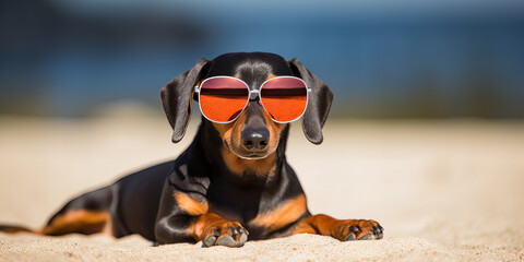 A cute and beautiful black and brown dog with sunglasses lie on the beach .
