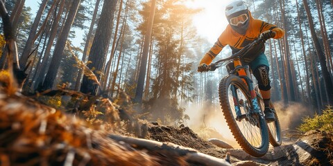 extreme mountain biker in action, performing jumps and turns on forest trails, dynamic movement on a trail downhill