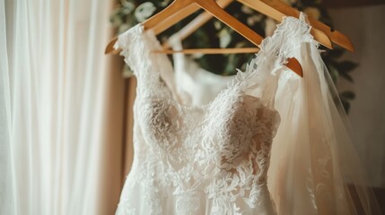 Closeup wedding dresses hanging on hanger in bridal shop boutique