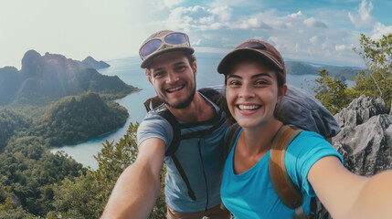 Happy couple woman and man taking selfie photo in hiking vacation time on the mountain