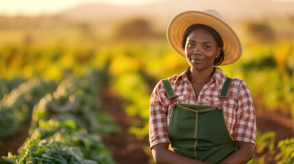 African woman farmer in hat standing on the vegetables plantation field