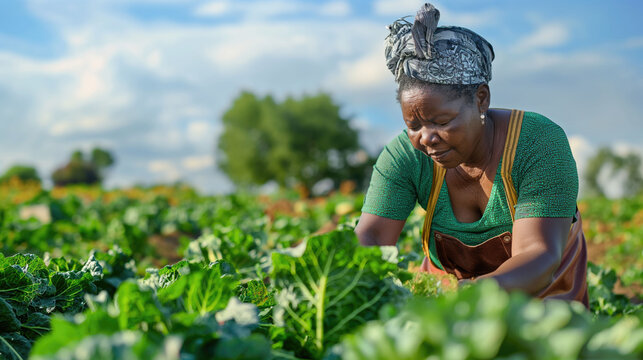 African woman farmer inspecting vegetables in the plantation field - Powered by Adobe