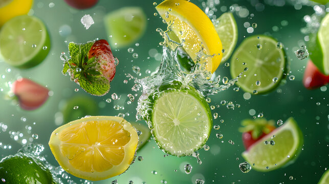 Vibrant green commercial background with fresh fruits and splashing water