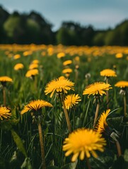 Close up of a yellow dandelions on a meadow during daylight