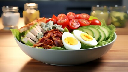 Healthy salad with avocado, cucumber, radish, cherry tomatoes, and eggs on a wooden table