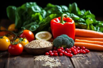 Healthy fruits vegetables on rustic wooden table fresh juicy ingredients health lifestyle vegetarian vegan natural diet eating nutrients nutrition protein rich kitchen lunch agriculture green broccoli