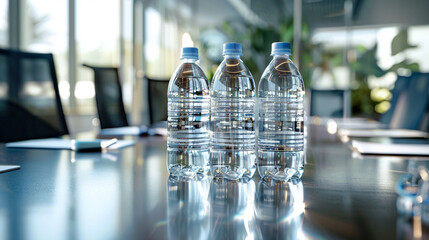 Plastic Water Bottles on a Conference Table