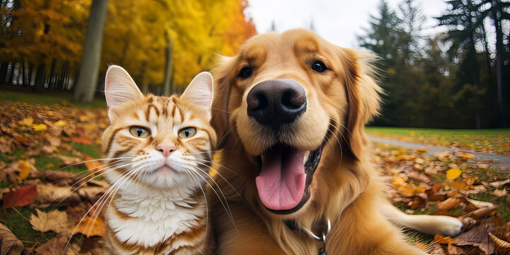 A funny dog and cat making selfie together. Autmn landscape