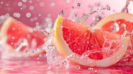 Vibrant pink commercial background with fresh fruits and splashing water