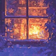 Warm and inviting scene with a window covered in frost crystals and a roaring fireplace inside. Perfect for cozy winter moments or holiday advertising.