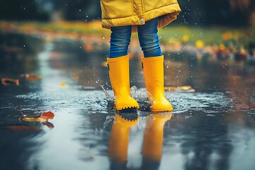 Feet of child in yellow rubber boots jumping over puddle in rain