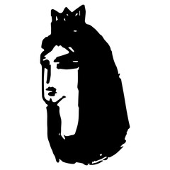 Head of a pretty woman wearing royal crown. Face of a beautiful queen. Female portrait. Brunette lady. Princess girl. Hand drawn rough doodle sketch. Black and white silhouette.