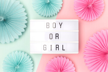 Boy or girl. Lightbox with letters and tissue paper fans in a pink and blue colors. Gender reveal...