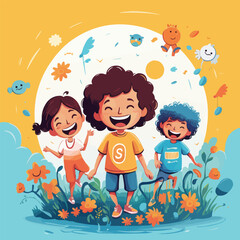 children with flowers, children's day vector illustration