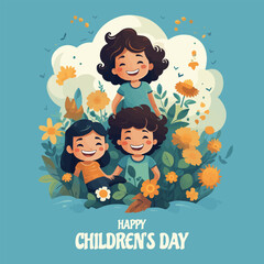 three child cartoon, happy children's day concept