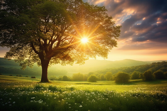 Rays of the sun spring background landscape. Ai-Generated Image