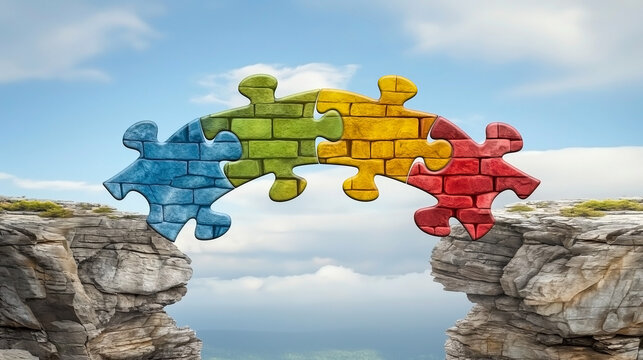 Interlocking puzzle pieces in vibrant colors forming a bridge across a chasm between two cliff edges under a bright sky.