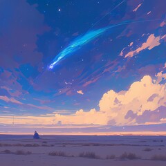 A mesmerizing desert comet streaks across the night sky, casting an ethereal glow on the landscape. This captivating scene evokes a sense of wonder and tranquility. - obrazy, fototapety, plakaty