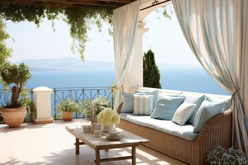 Fototapeta na wymiar Breezy Mediterranean Seaside Patio Ideas: Outdoor Living with Stylish Curtains