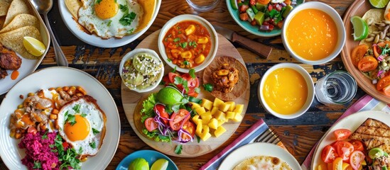 Fototapeta na wymiar Assorted vibrant Mexican breakfast dishes spread out on a table