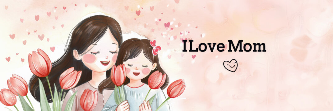 Tarjeta felicitaci&oacute;n con el dibujo de una mujer y su hija abrazadas con flores rojas rodeadas de corazones y la inscripci&oacute;n ILove Mon