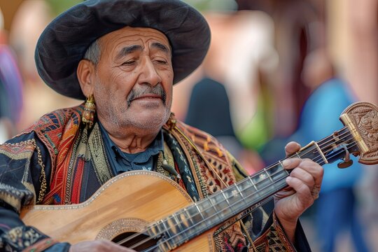 Moroccan street musician playing Gimbri in traditional costume on Djemaa el Fna square