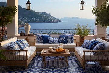 Patterned Throw Pillows: Mediterranean Seaside Patio Ideas for Stylish Comfort