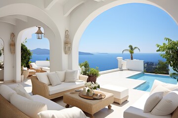 Fototapeta premium White Stucco Mediterranean Seaside Patio Ideas: Ocean View Oasis