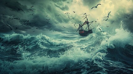 A dramatic seascape under a stormy sky features tumultuous dark blue waves in the forefront. A classic sailing ship, with sails unfurled, battles the rough sea, tilting precariously to the right. The 