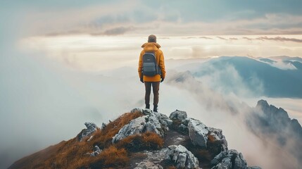 A person stands at the edge of a mountain ridge, gazing out over a dramatic landscape cloaked in mist. The individual is dressed in a bright yellow jacket and wears a black backpack. The scene is ethe