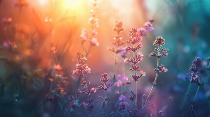The image shows a close-up of lavender flowers illuminated by a soft, warm glow of sunlight....