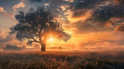 A majestic tree stands alone in a field with the sun setting (or rising) directly behind it, creating a striking backlight that illuminates the tree's leaves and the surrounding misty landscape. The g - obrazy, fototapety, plakaty
