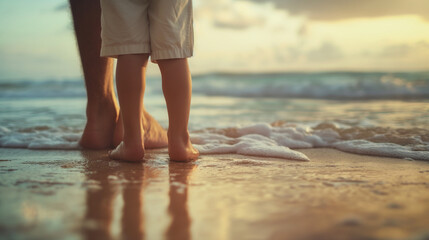 Bare feet of father and child standing on a beach. - obrazy, fototapety, plakaty