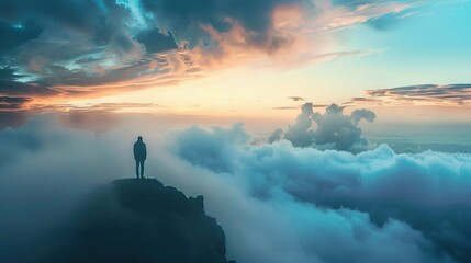 A solitary figure stands at the edge of a high cliff, gazing out at a panoramic view of a dramatic sky filled with billowing clouds and a colorful sunset. The clouds are thick and fluffy, enveloping t - obrazy, fototapety, plakaty