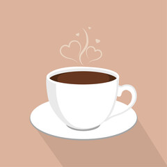 coffee cup with plate and hearts, flat style cup of coffee vector illustration.
