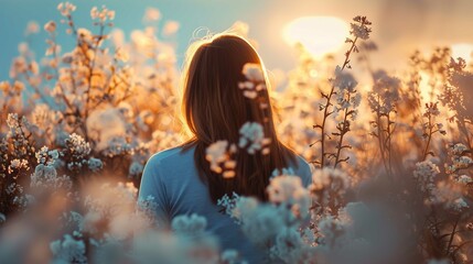 A person is standing in a field of flowers during sunset. The individual is facing away from the camera, and their identity is concealed as their face isn't visible. Warm sunlight filters through the  - obrazy, fototapety, plakaty