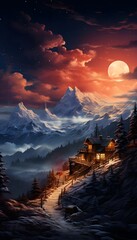 Fantastic winter landscape in the mountains at night. Panorama
