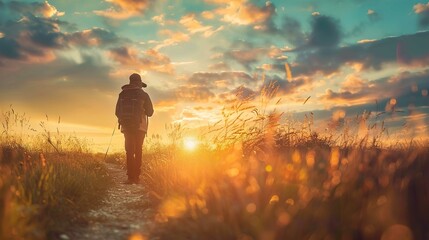 A person with a backpack is standing in a rural field at sunset. The person is wearing a hat and is shown from behind, gazing towards the horizon, where the sun is setting amidst a cloudy sky. The sun - obrazy, fototapety, plakaty