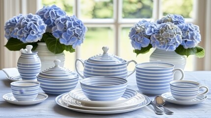   A table, adorned with blue and white striped dishes and vases brimming with blue hydrangeas, sits in front of a window