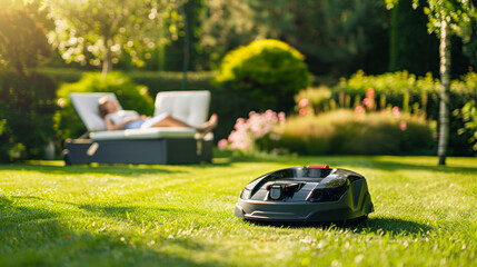 Robotic Mower at Work While Woman Relaxes in Garden