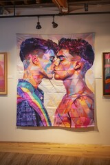 A vibrant painting depicting two men kissing hangs in an art gallery, showcasing LGBTQ+ art and themes of love, acceptance, and equality. The artwork celebrates the beauty and diversity of the LGBTQ+